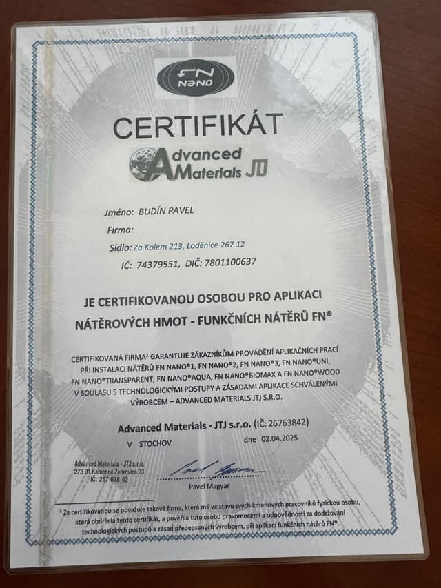 Certifikát Advanced Materials - na aplikaci nátěrových hmot.
